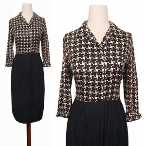 1950s Vintage Dress 50s Cocktail Wiggle Midi Brown Cream Houndstooth Small S Mcm